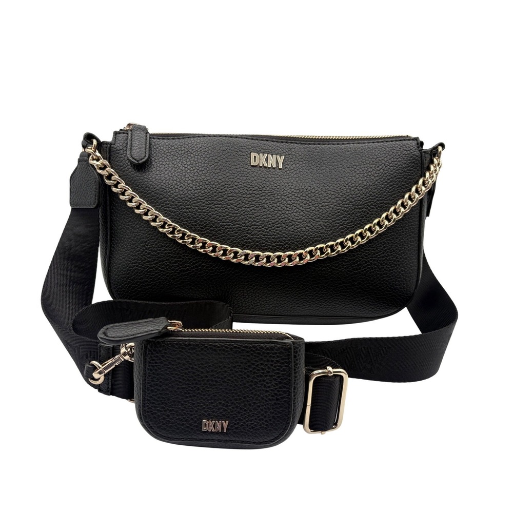 DKNY Crossbody Bag Womens Small Black Excellent Pebbled Gold Chain Logo Strap - Picture 6 of 6